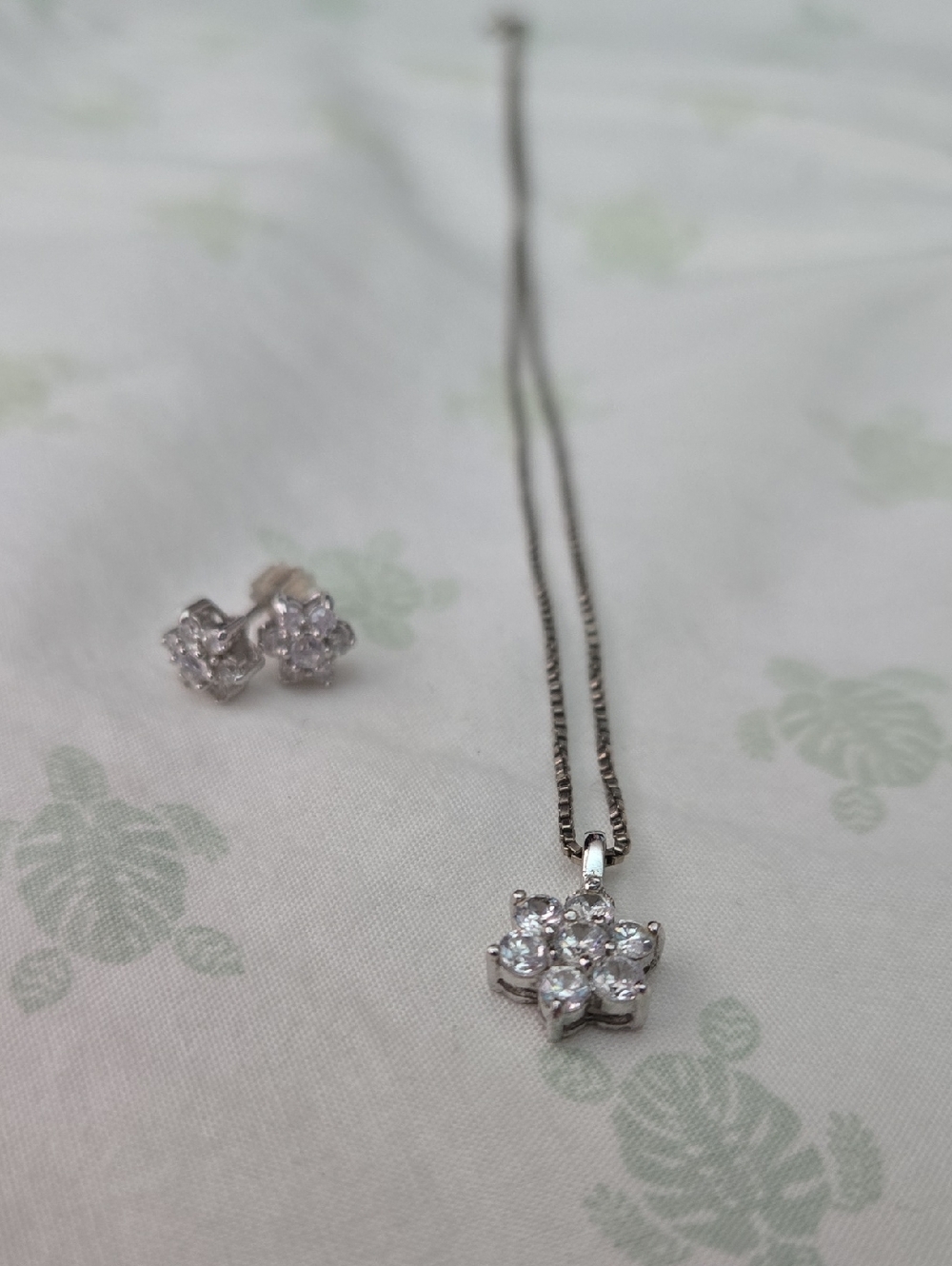 Sterling-Tone White Floral CZ Pendant Necklace with Matching Studs